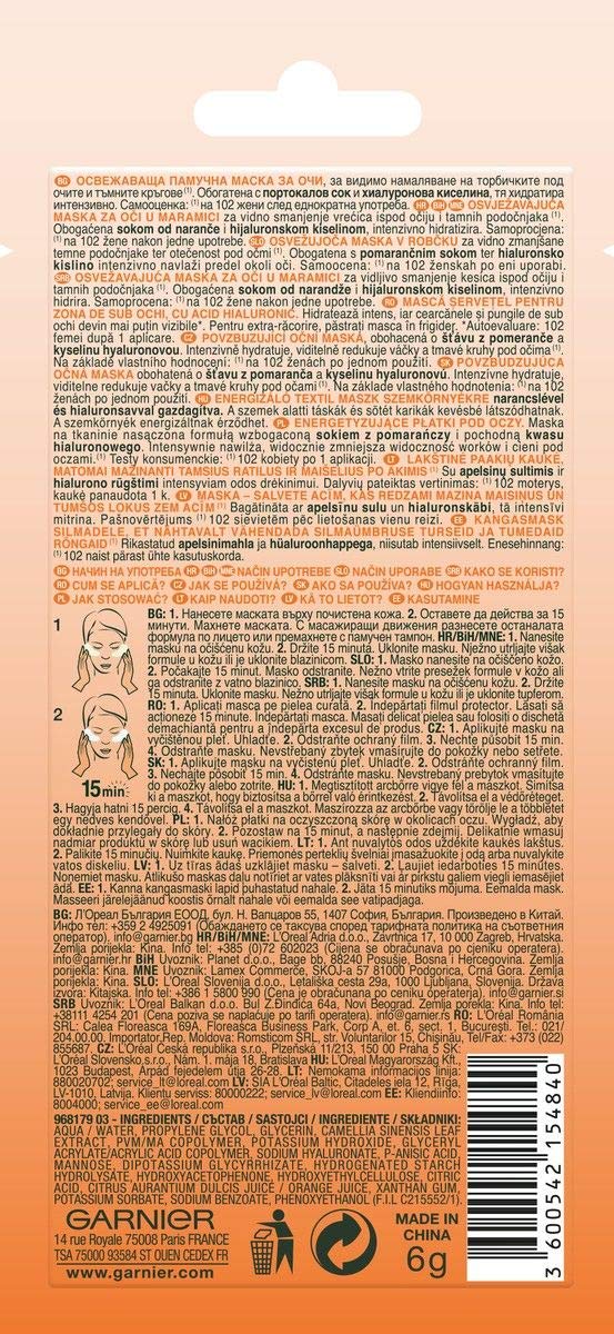 Garnier Skin Naturals Moisture Bomb Eye tissue mask with orange juice and hyaluronic acid 6g
